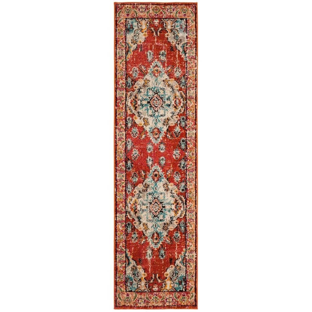 SAFAVIEH Monaco 2 ft. x 8 ft. Orange/Light Blue Border Runner Rug ...