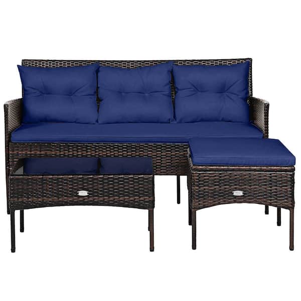 Costway Elegance Rattan 3-Piece Wicker Patio Conversation Set with Navy Blue Cushions