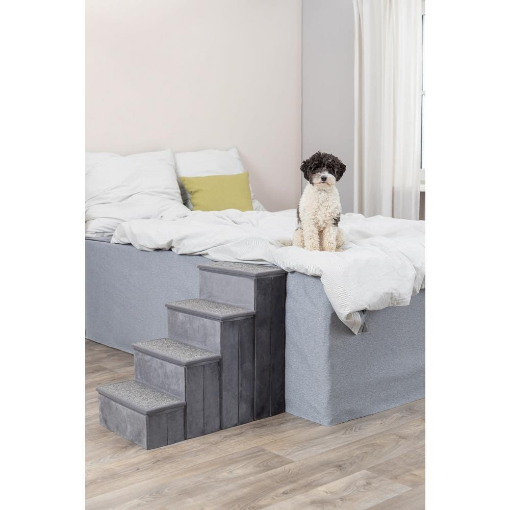 Gray Velour Foldable 4-Step Pet Stairs with Storage