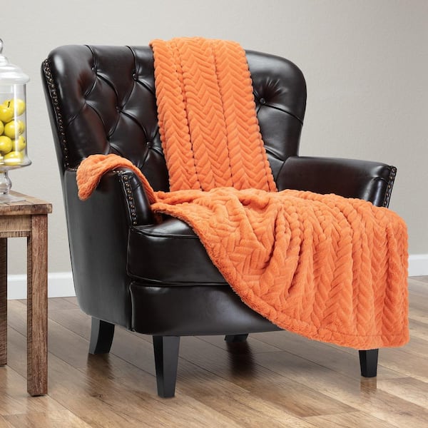 Faux Fur Embossed Burnt Orange Textured Polyester Throw Blanket, 50 x 65 in.
