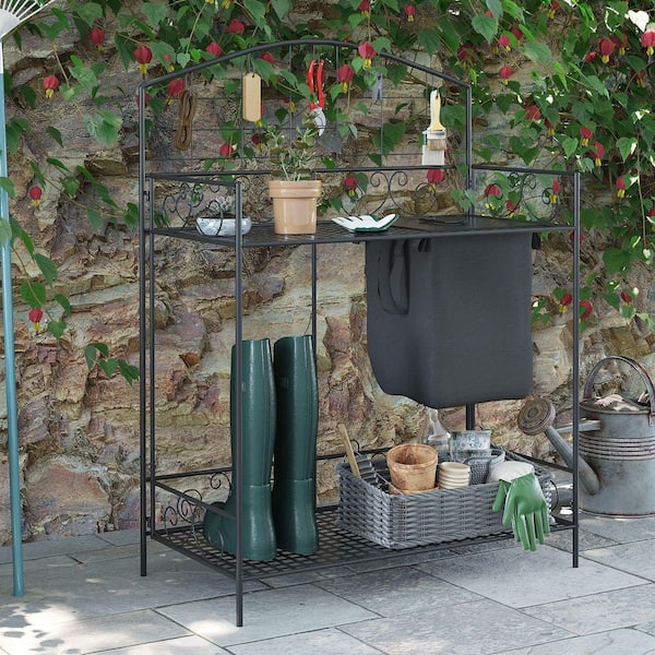 Folding Potting Bench Table, Metal Garden Workstation, Work Bench