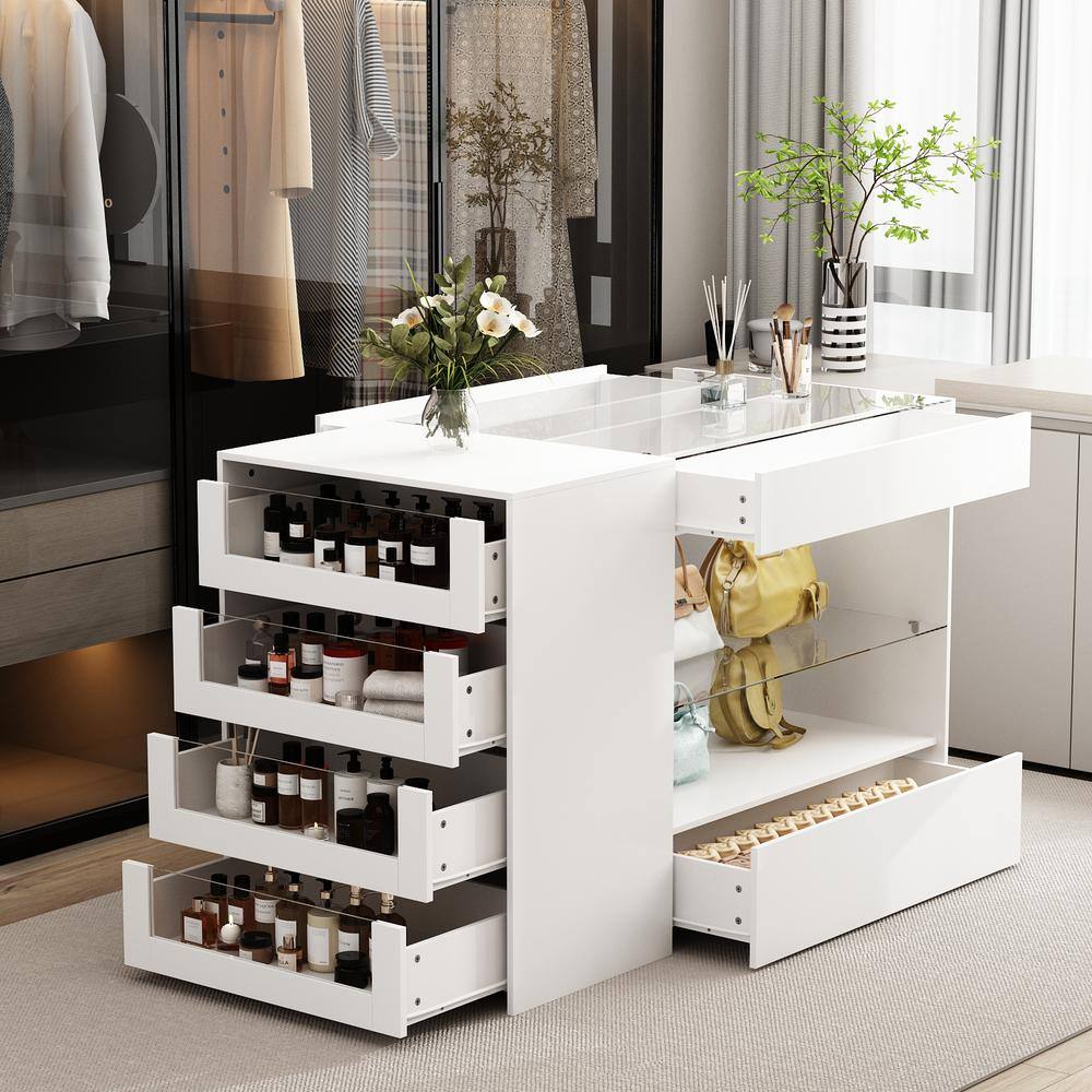 White Wood Free Standing 47.2 in. W Jewelry Armoire With Tempered Glass Top and 8-Drawers - thumbnail 2