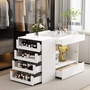 White Wood Free Standing 47.2 in. W Jewelry Armoire With Tempered Glass Top and 8-Drawers
