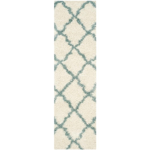 SAFAVIEH Dallas Shag Ivory/Light Blue 2 ft. x 12 ft. Geometric Runner Rug