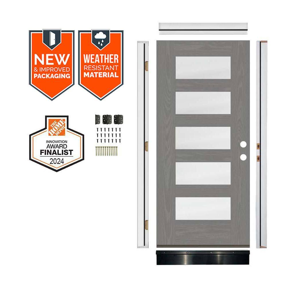 DIY 36in.x79in. Modern 5-Lite Frosted Glass Left-Hand Malibu Grey Stain Fiberglass Front Door Kit w/ Quick Assemble Jamb price history on PriceWatchPro