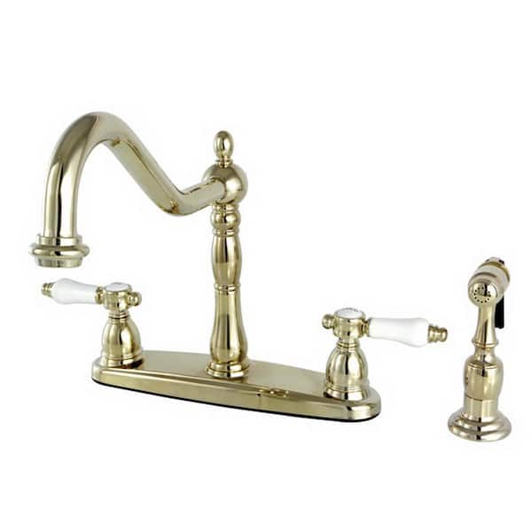 Victorian 2-Handle Bridge Kitchen Faucet with Side Sprayer in Polished Brass