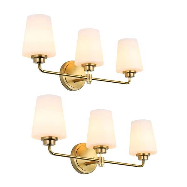 22.5 in. W 3-Light Bathroom Vanity Light with Shade, White and Gold, No Bulbs Included (2-Pack)