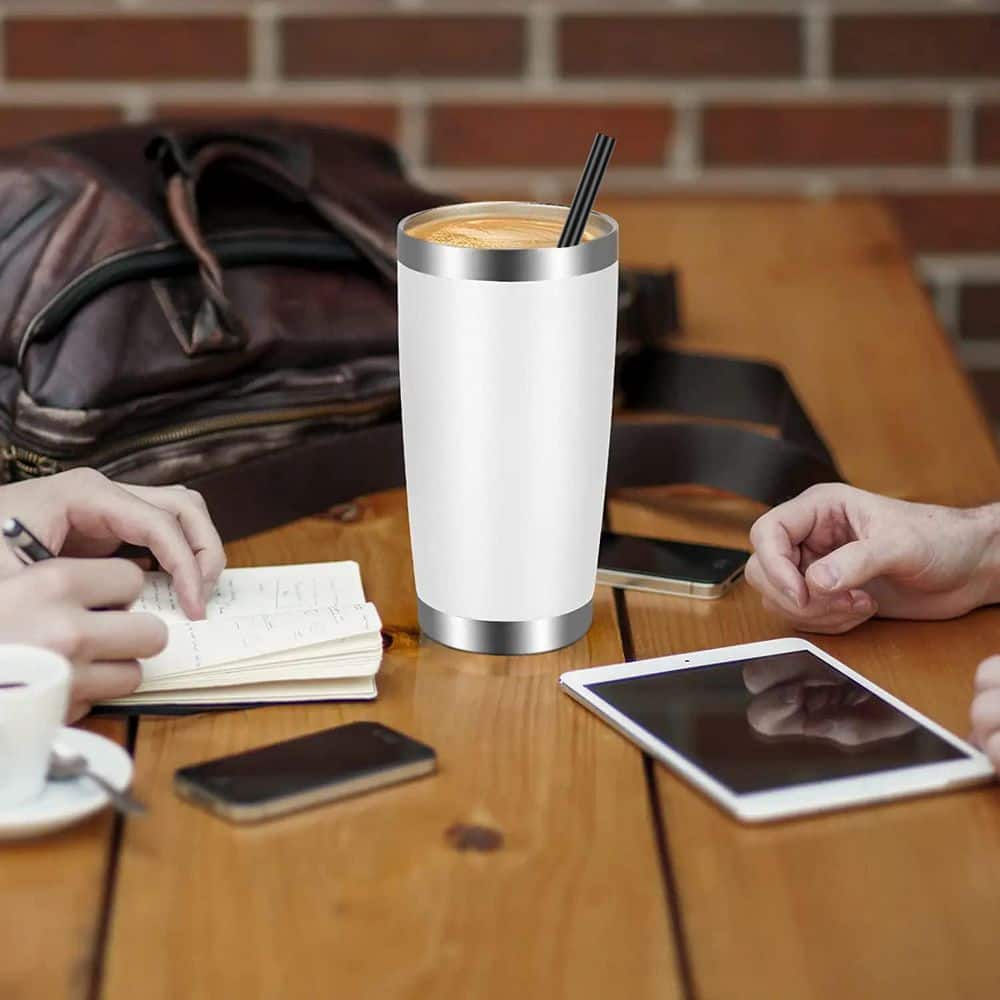Wudkey 20 oz. Tumbler with Lid and Straw, Stainless Steel Double Wall Travel Coffee Mug, White (6-Pack)