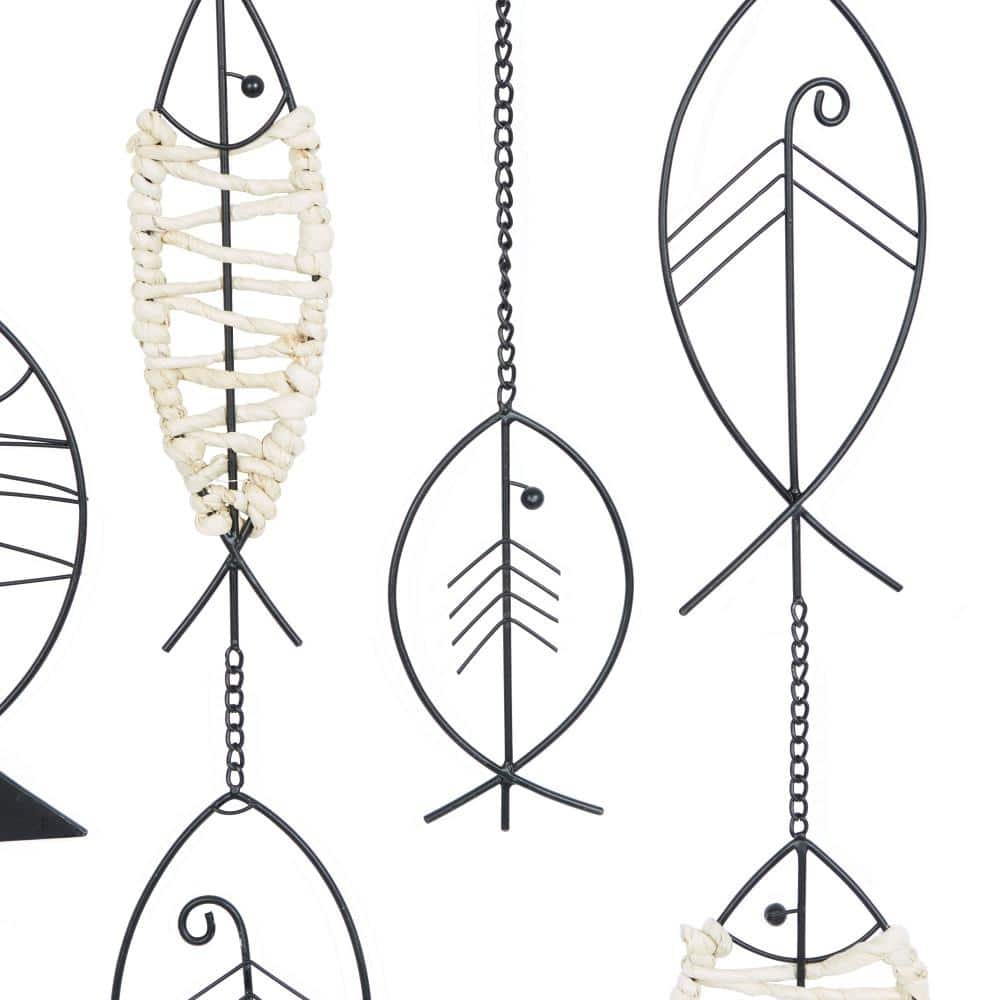 Black Metal and Rattan Coastal Fish Wall Sculpture