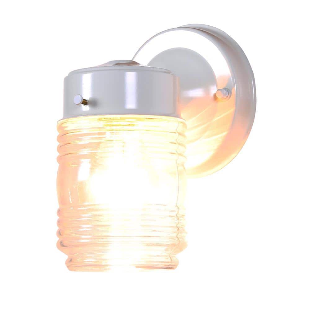 White Jelly Jar Ribbed Glass Outdoor Sconce