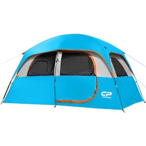 6/8-Person 11 ft. x 7 ft. Sky Blue Pop Up Canopy, Camping Tent with Storage Bag and Window, Double Layer, Waterproof