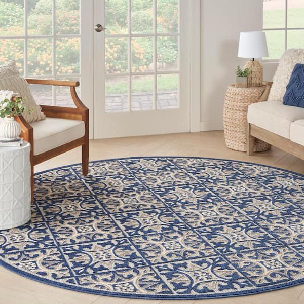 Aloha Blue 8 ft. x 8 ft. Geometric Moroccan Boho Tile Indoor/Outdoor Round Patio Area Rug