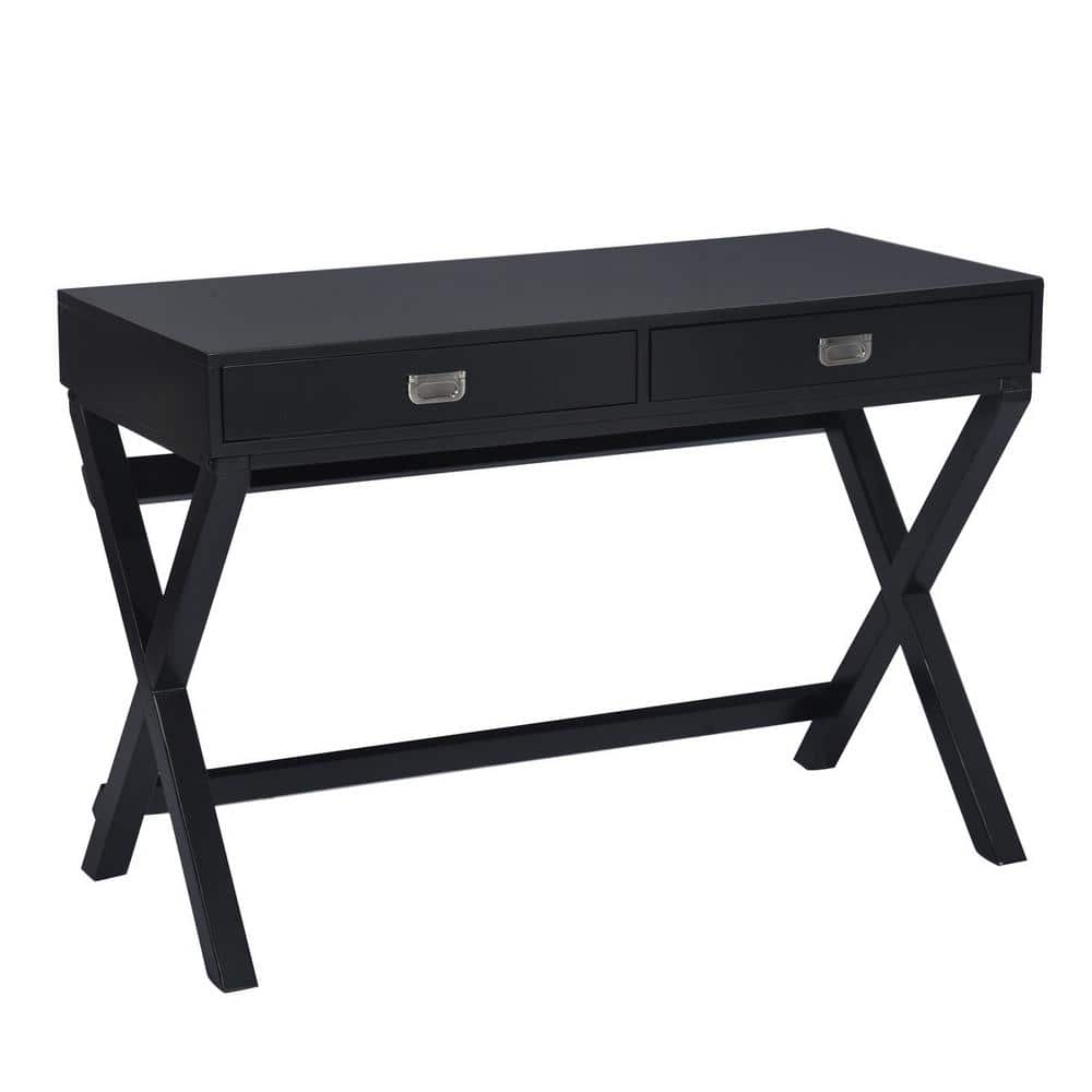44 in. Retangular Black Wood 2-Drawer Modern X-base Writing Desk