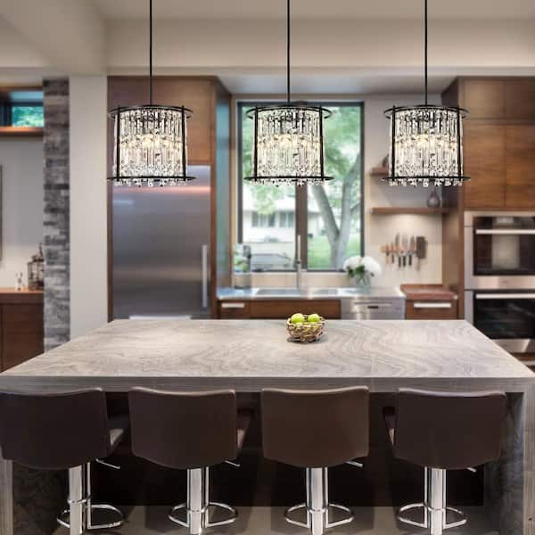 Kinlea 4 Light Black Crystal Modern Round Chandelier for Kitchen Island, Living Room and Dining Room