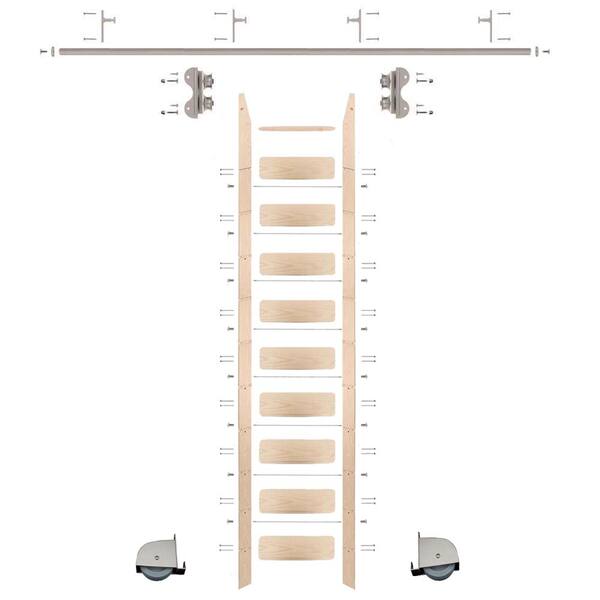 Quiet Glide 9.92 ft. Maple Library Ladder (11 ft. Reach) Satin Nickel Contemporary Rolling Hardware 8 ft. Rail and Vertical Brackets