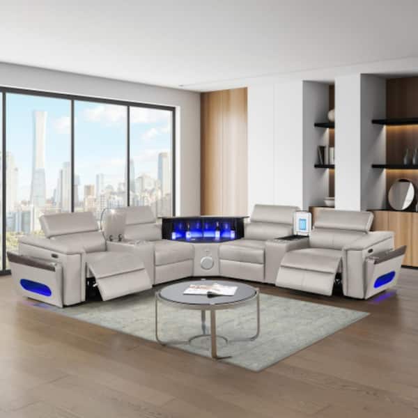 Gray Modern Sectional – 2 Consoles (Fridge + Reading Light), Power Recliners, Bluetooth, LED Bar