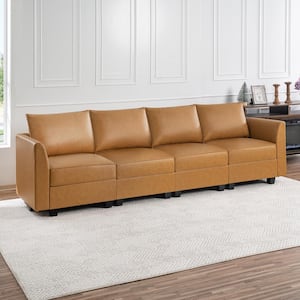 112.8 in. Modern Faux Leather 4-Piece Upholstered Sectional Sofa Bed in. Caramel