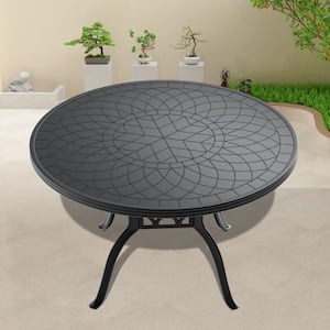 47.24 in. Black Cast Aluminum Patio Outdoor Dining Table with Carved Texture on the Tabletop