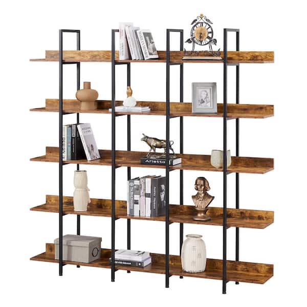 Siavonce 11.81 in. W x 70.87 in. H x 70.87 in. D Brown 5 Tier Metal Frame Bookcase Home Office Open MDF Board Bookshelf