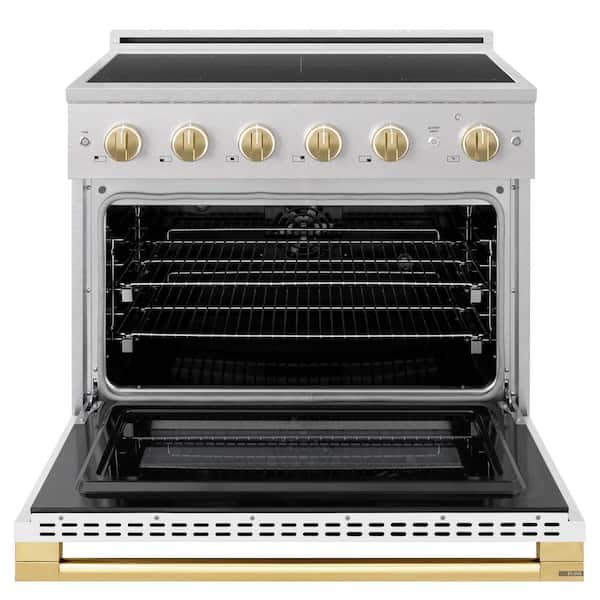 Autograph 36 in. 5.2 cu. ft. Marino Freestanding Induction Range in Satin Steel with Gold Accents and White Door