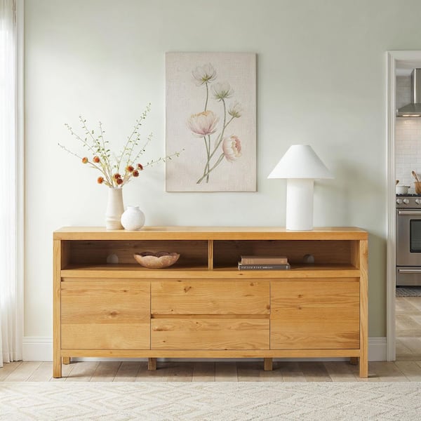Modern Farmhouse Rustic White Oak MDF 65 in. Sideboard with Storage Doors and Drawers