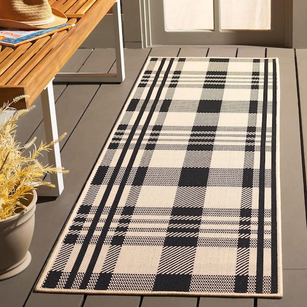 Courtyard Black/Bone 2 ft. x 7 ft. Striped Indoor/Outdoor Patio  Runner Rug