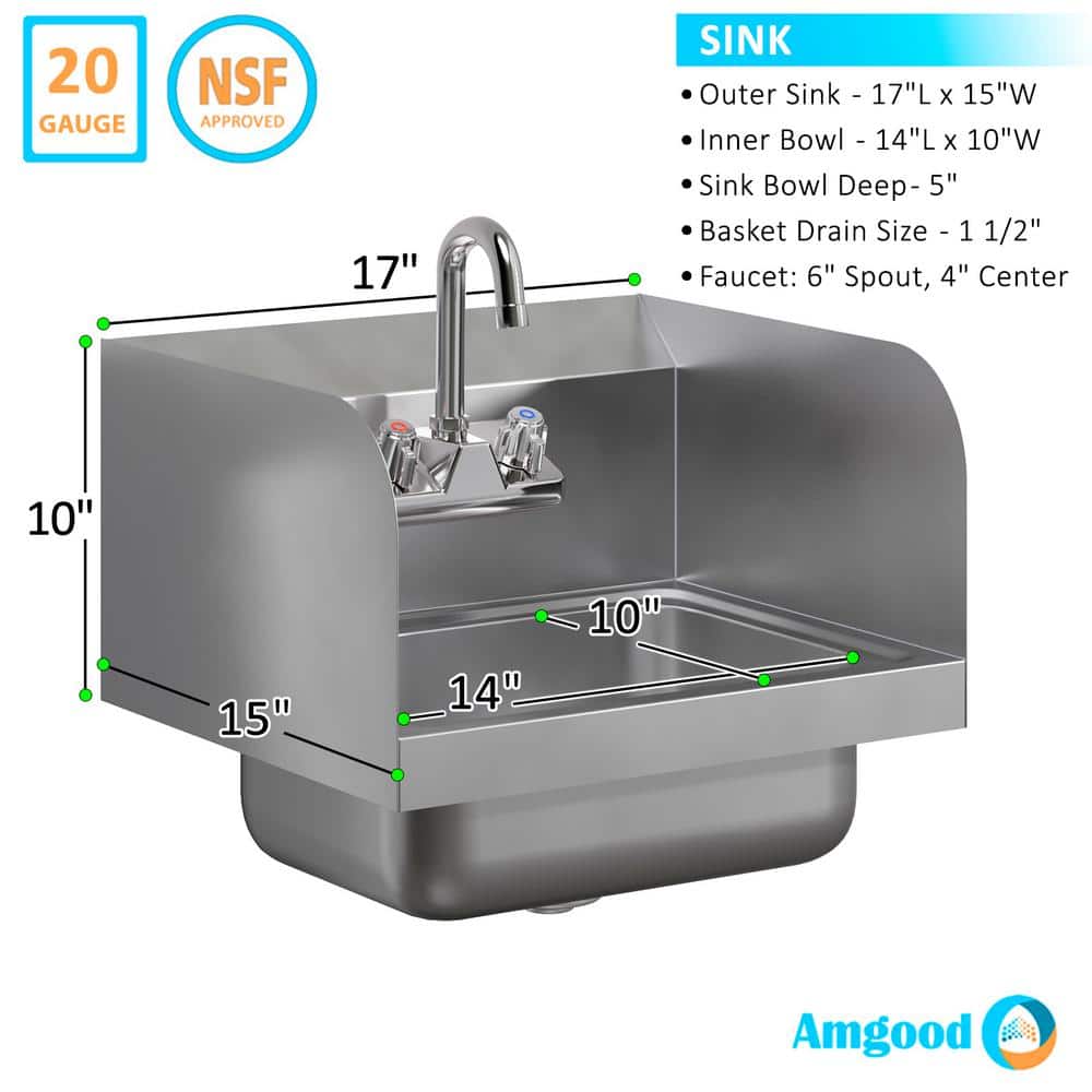 17in Stainless Steel Wall Mounted Hand Sink with Gooseneck Faucet