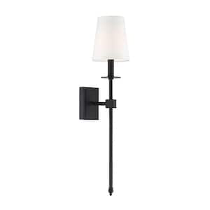 Monroe 5 in. W x 24 in. H 1-Light Matte Black Wall Sconce with White Fabric Shade