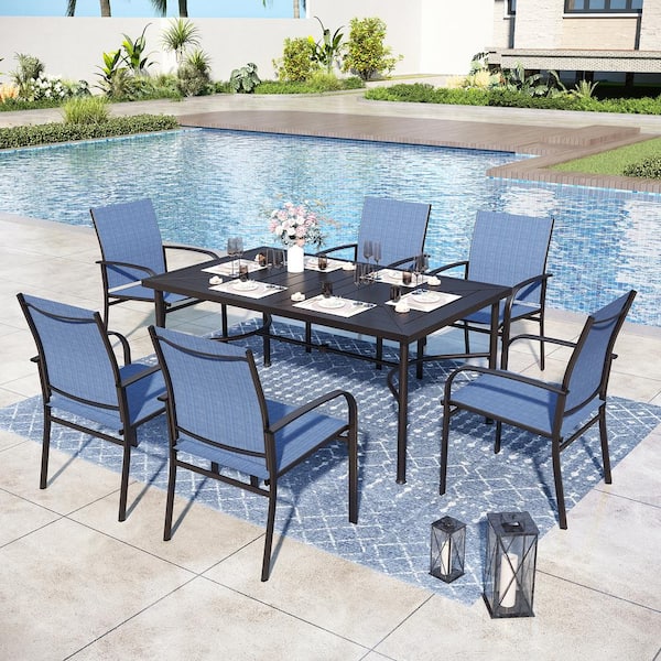 PHI VILLA Black 7-Piece Metal Straight-Leg Rectangle Table Outdoor Patio Dining Set with Blue Textilene Chairs