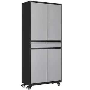 31.5" W x 72.8" H x 15.7" D Adjustable 2-Shelf Steel Freestanding Cabinet with 1 Drawer on Wheel in Black and Grey