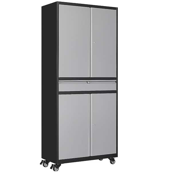 LISSIMO 31.5" W x 72.8" H x 15.7" D Adjustable 2-Shelf Steel Freestanding Cabinet with 1 Drawer on Wheel in Black and Grey