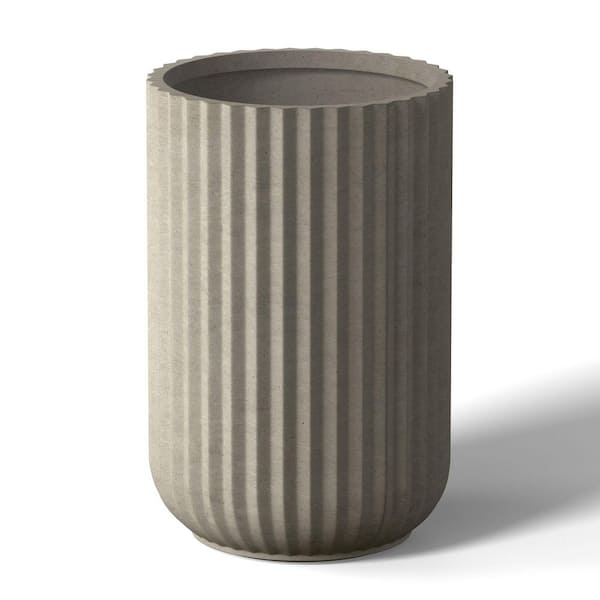 14 in. Large Light Gray Concrete Round Planter/Pot with Drainage Holes and Vertical Ribbed Texture