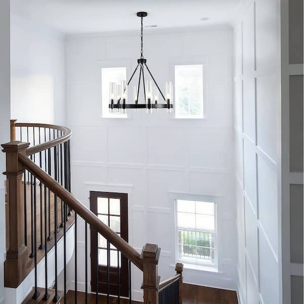 Farmhouse 8-Light Black Wagon Wheel Chandelier with Clear Glass Shade