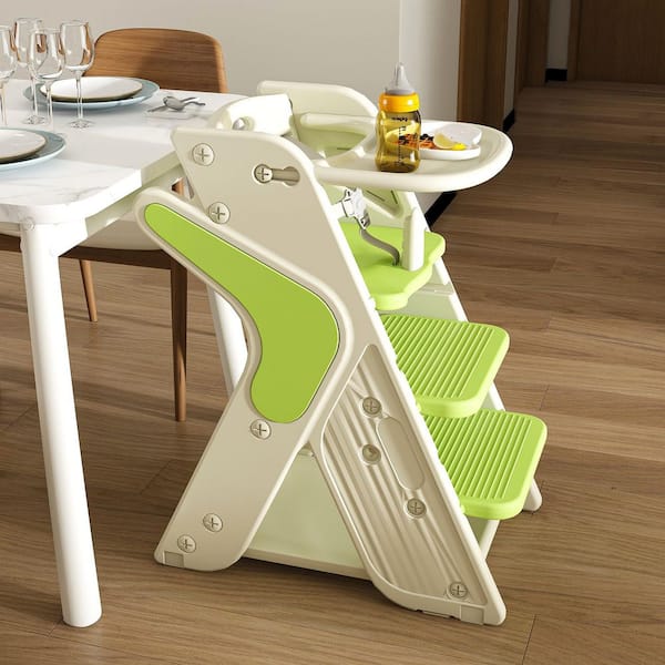 Green HDPE Growing Up Dining Chair Adjustable Height Toddler Tower Use 5-Point Seat Belts, Movable Large Dinner Plate