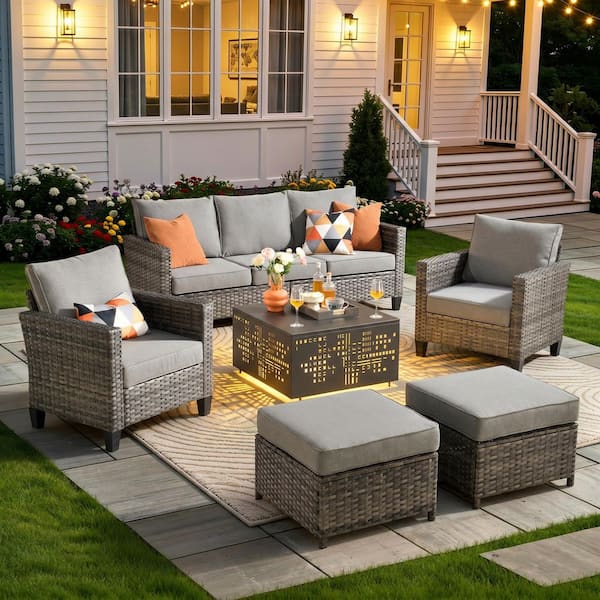 OVIOS New Vultros Gray 6-Piece Wicker Patio Conversation Set with