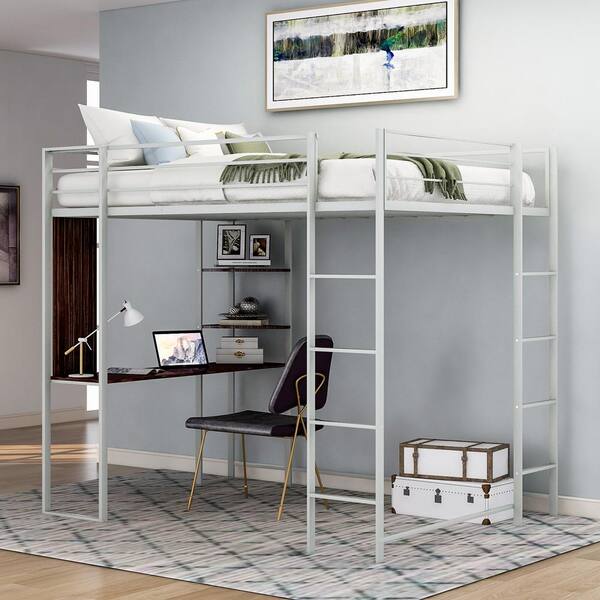 GODEER 79.9 in. Silver Twin Metal Loft Bed with 2-Shelves and 1-Desk