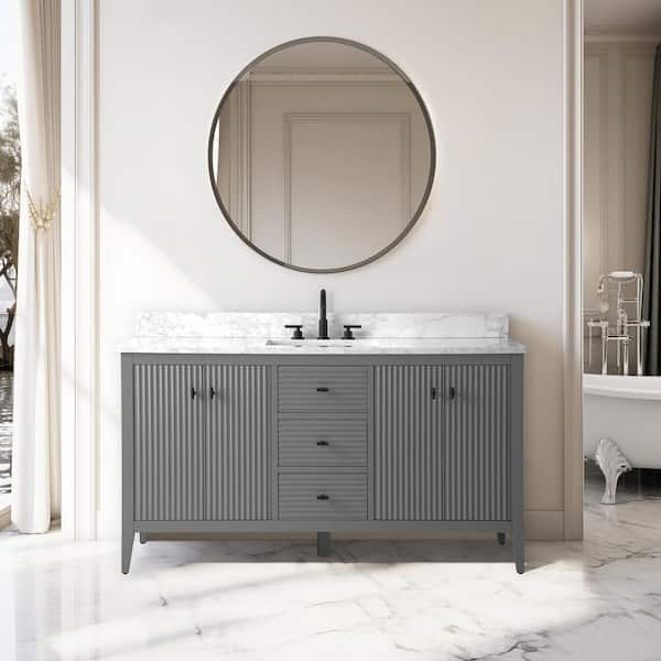 Vanity Art 60 in. W x 22 in D x 38 in. H Single Sink Bath Vanity Cabinet in Linear Gray with White Engineered Marble Top
