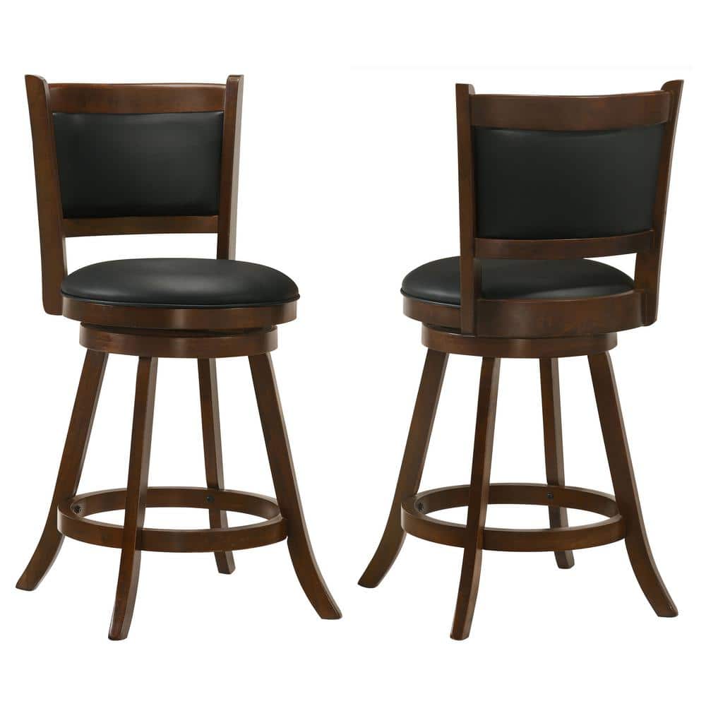 Chestnut and Black Swivel Wood Counter Stools with Faux Leather