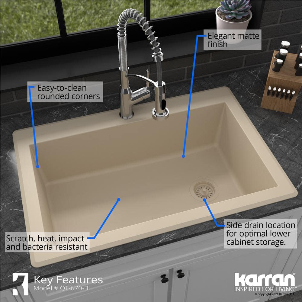 Bisque Quartz Composite Single Bowl Kitchen Sink, 33" x 22"