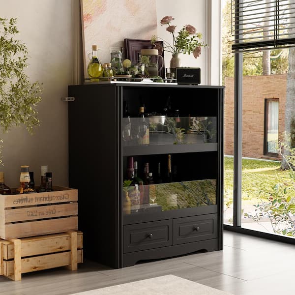 FUFU&GAGA 31.5 in. W Black Rectangle Wooden End Table, Sideboard with 2-Open Shelves. 2-Drawers and Half Glass Fence