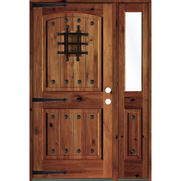 Krosswood Doors 50 in. x 80 in. Medit. Knotty Alder Left-Hand/Inswing Clear Glass Red Chestnut Stain Wood Prehung Front Door w/RHSL