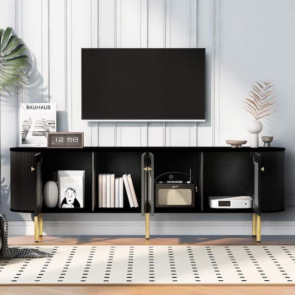 Polibi Modern Black TV Stand Fits TV's Up to 80 in. with 4 Cabinets, Metal Legs and Handles
