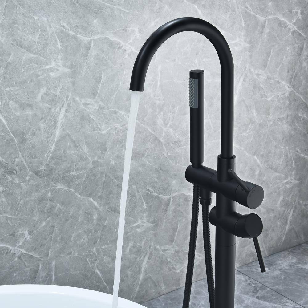 Matte Black Gooseneck Floor Mounted Tub Faucet with Handshower
