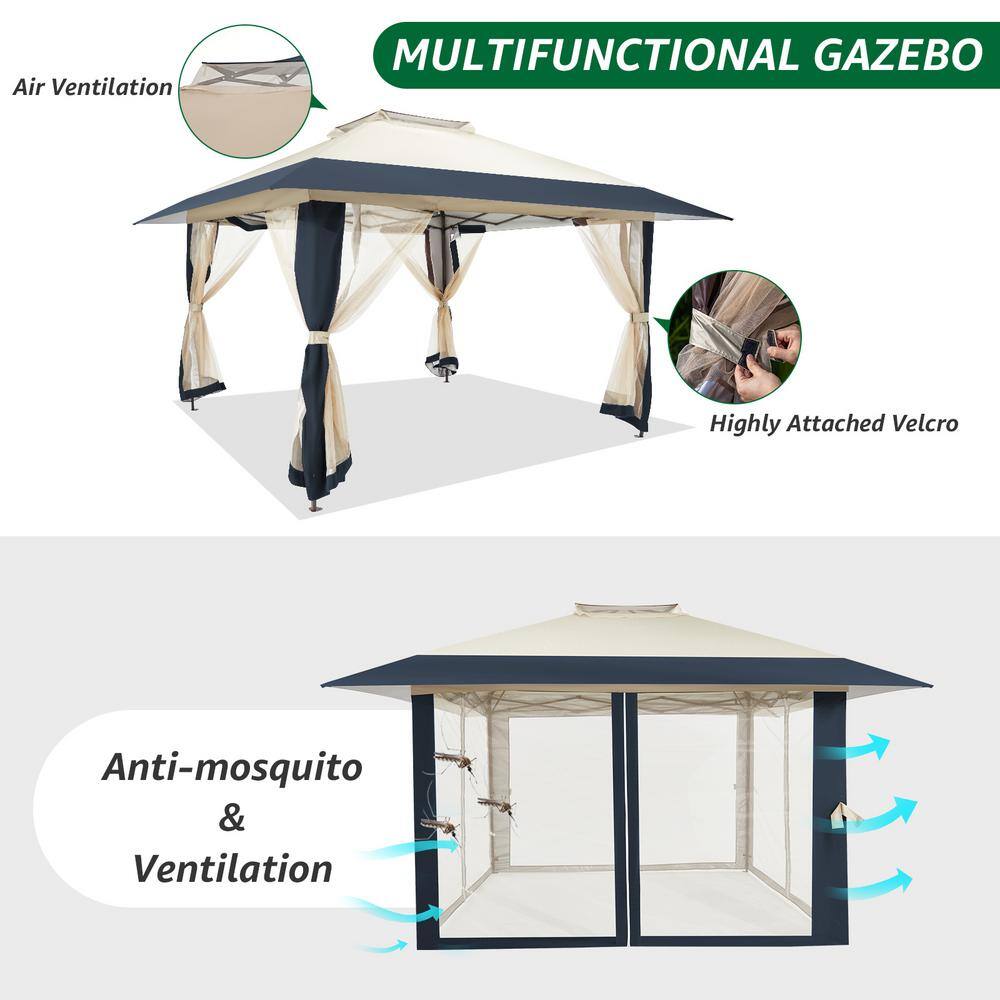 Navy Blue 13x13 ft Steel Patio Gazebo with Netting