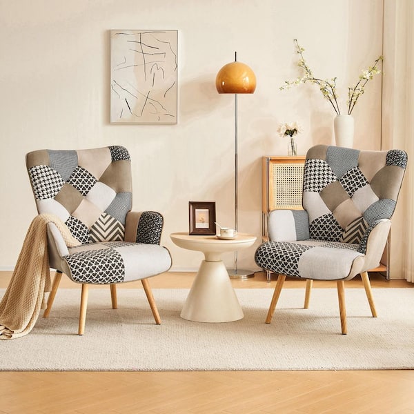 Hochwertiges Gray Fabric Upholstered Wingback Wooden Accent Arm Chairs (Set of 2)