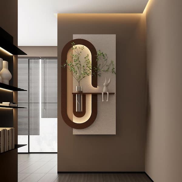 23.62 in. x 47.24 in. Light Coffee Adjustable LED Sandstone Wall Decor with Simulated Plants Glass Vase & Rabbit Statue