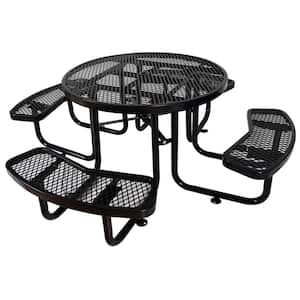 Black Round Stainless Steel Picnic Table Seats 8 People with Umbrella Hole and durable thermoplastic coating
