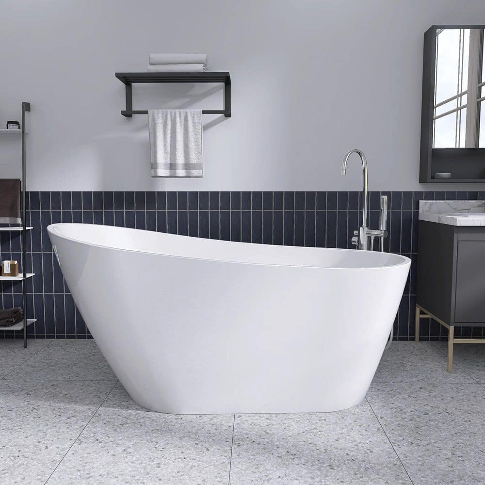 Dazf 59 in. x 30.75 in. Acrylic Soaking Tub Flatbottom Free Standing Bathtub Chrome Anti-Clogging Drain in Glossy White price history on PriceWatchPro