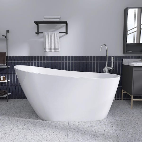 Dazf 59 in. x 30.75 in. Acrylic Soaking Tub Flatbottom Free Standing Bathtub Chrome Anti-Clogging Drain in Glossy White
