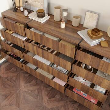 Brown Walnut Grain Finish 12-Drawers 70.9 in. Width Double Dresser Accent Storage Cabinet Organizer Handleless Design